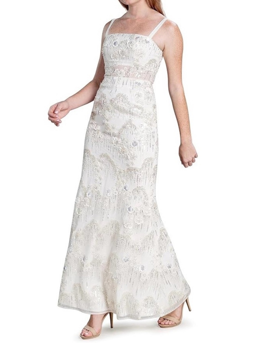 Dress the Population Ivory Beaded and Sequin Maxi Mesh cutout Dress